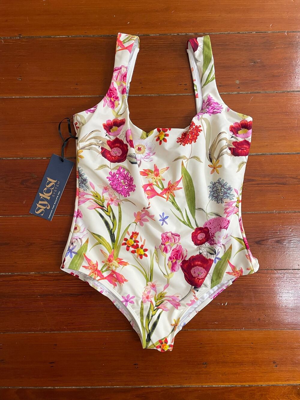 Stylest System DreamSculpt Floral Square Neck One Piece Swimsuit NWT L